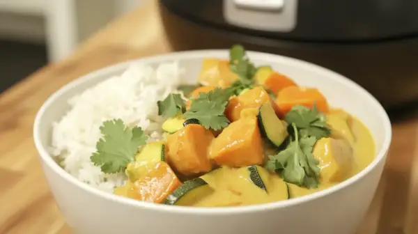 Un bol de riz blanc servi avec un curry de légumes coloré, garni de coriandre fraîche.