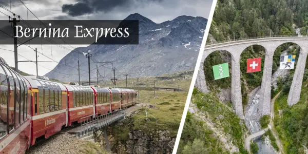Bernina Express: malownicza trasa i ceny biletów. Widok na czerwony pociąg w górach i kamienny wiadukt z flagami.