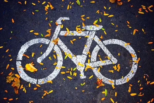 Biały symbol roweru na asfalcie, ozdobiony jesiennymi liśćmi. To znak, że czeka Cię przyjemna droga dla rowerów.