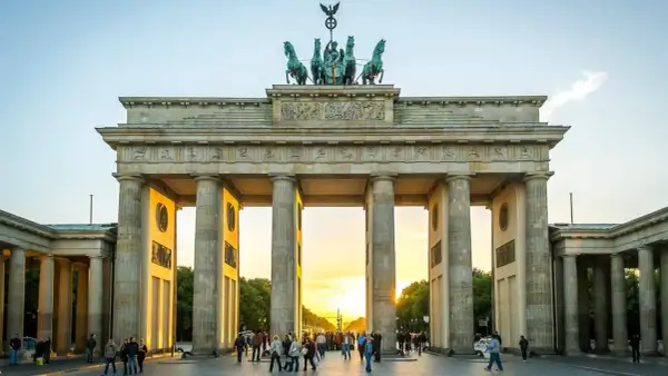 Brandenburger Tor i Berlin, en ikonisk sevärdhet som visar vad man ska se i Berlin. Solnedgången lyser upp monumentet och folklivet.