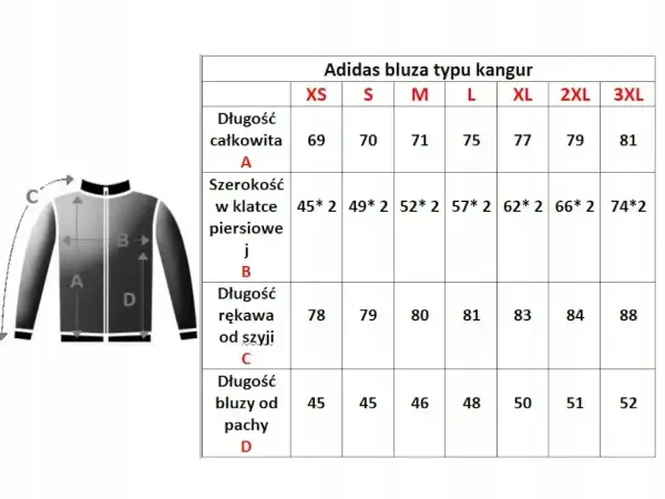 Tabela rozmiarów bluzy Adidas: jaki rozmiar jest większy l czy m? L ma 75 cm długości całkowitej, M 71 cm.