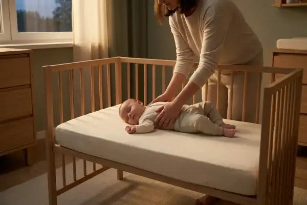 Mama delikatnie kładzie śpiące dziecko do łóżeczka, ucząc je samodzielnego zasypiania.