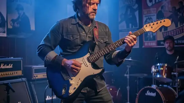 Un guitariste joue sur scène, évoquant l'esprit de qui a inventé le blues. Des affiches de concerts et des amplis Marshall créent une ambiance rock.