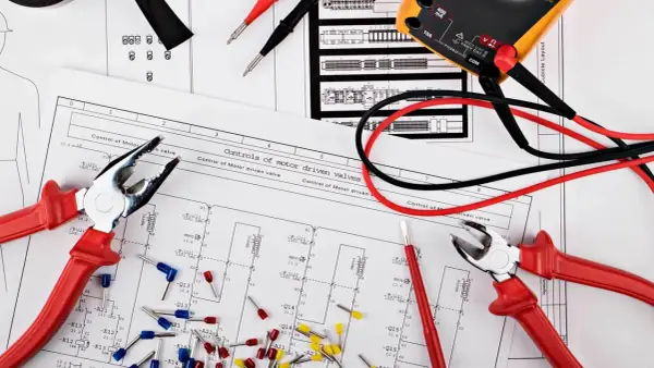 Narzędzia i schemat instalacji elektrycznej w domu. Multimetr, kombinerki i złączki czekają na montaż.
