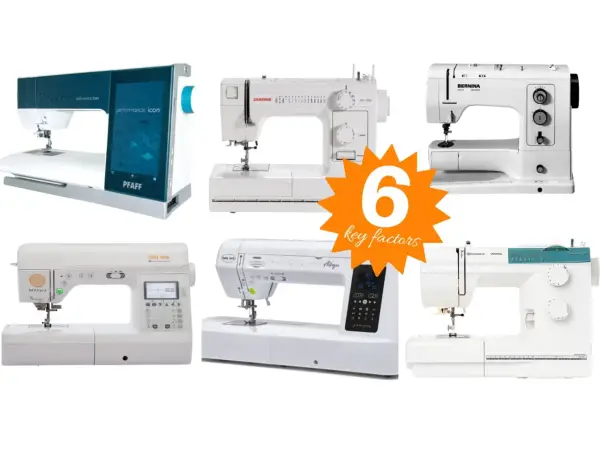 Six sewing machines from brands like Pfaff, Janome, and Bernina are shown, illustrating key factors for how to buy a sewing machine.