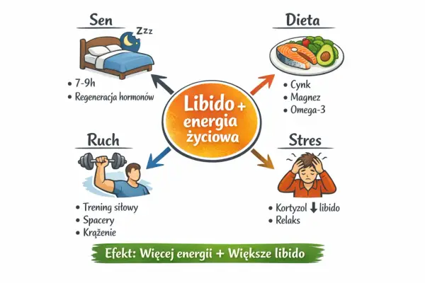 Wykres pokazuje, jak sen, dieta, ruch i stres wpływają na libido u mężczyzn. Dobre nawyki zwiększają energię i libido.