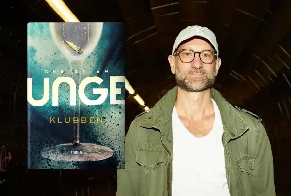Christian Unge, författare till "Klubben", med en bokomslag som visar en kula i ett glas.