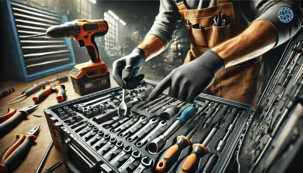 Un técnico revisa un surtido de herramientas industriales, incluyendo un taladro y llaves de vaso, en un taller.