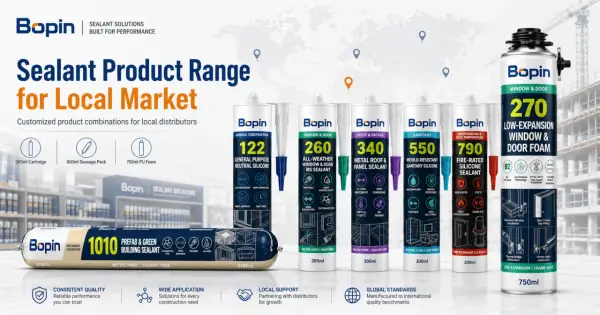 Gamme de mastics Bopin : un joint translucide pour chaque besoin de construction, du général au spécialisé.