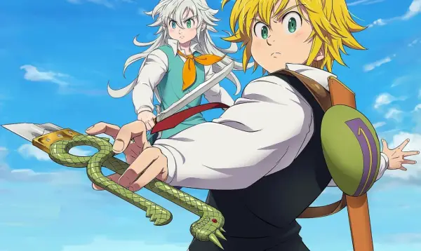Meliodas i Zeldris z "Siedmiu Grzechów" gotowi do walki pod błękitnym niebem.