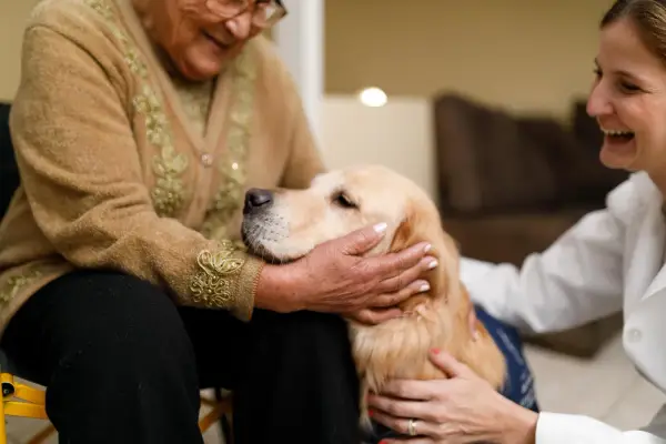 Un golden retriever coccolato da un'anziana e una volontaria. Momenti di gioia e conforto nella pet therapy anziani.