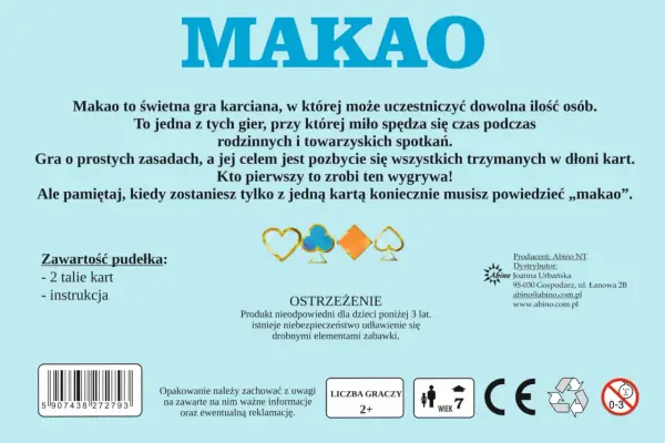 Gra karciana "Makao" dla 2+ graczy, wiek 7+. Zasady proste, cel: pozbyć się kart. Pamiętaj o okrzyku "makao"!