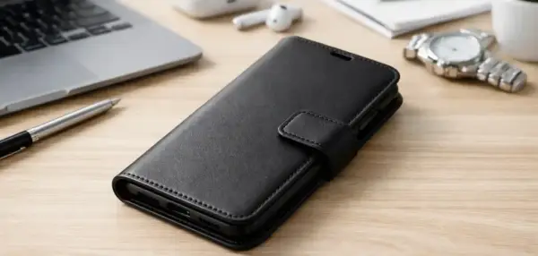 Eleganckie, czarne xiaomi redmi note 9 etui z klapką, idealne do pracy i podróży.