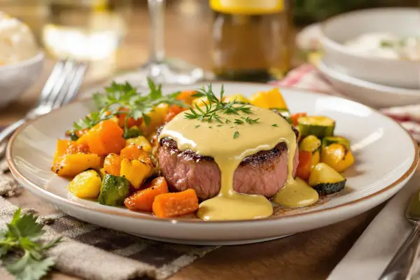 Filet mignon à la moutarde au four, servi avec des légumes rôtis colorés. Une sauce onctueuse nappe la viande.