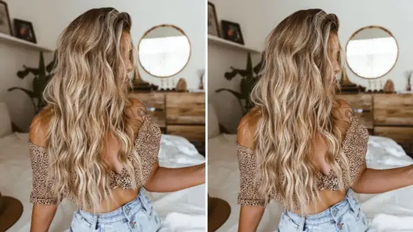 Blondynka z burzą falowanych włosów, niczym po dniu na plaży. Jej luźne, beach waves hair idealnie komponują się z letnią stylizacją.