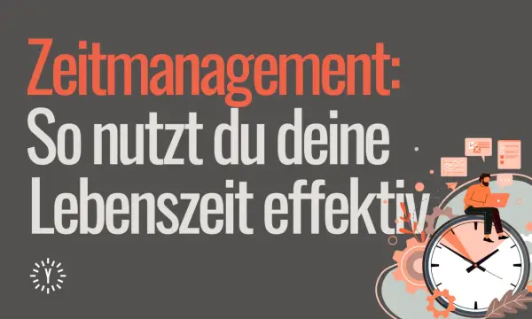 Zeitmanagement: So nutzt du deine Lebenszeit effektiv. Denn Arbeitszeit ist Lebenszeit. Mann sitzt auf Uhr, arbeitet am Laptop.