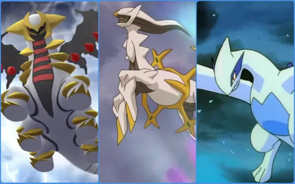Giratina, Arceus i Lugia – najsilniejsze pokemony, gotowe do walki.