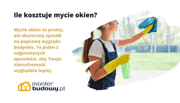 Kobieta w żółtych rękawiczkach myje okno niebieską ściereczką i spryskiwaczem.