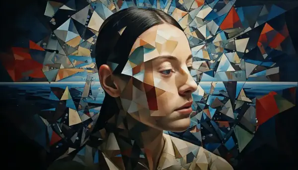 Portret kobiety, której twarz i ciało są fragmentowane w geometryczną projekcję. Tło tworzy abstrakcyjny krajobraz morski.