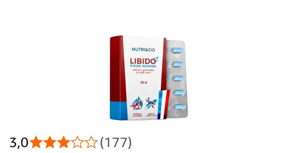 Boîte de "Libido pour Homme" de Nutri&Co, une vitamine pour augmenter la libido chez l'homme, avec sa plaquette de gélules bleues.