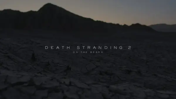 Krajobraz pustynny z napisem "DEATH STRANDING 2 ON THE BEACH". Gra na PC zapowiada się mrocznie.
