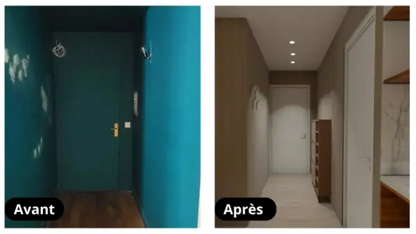 Avant/Après : un couloir étroit et sombre transformé en espace lumineux et moderne avec des étagères et un nouveau revêtement mural.