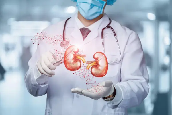 Lekarz w masce i rękawiczkach prezentuje model nerek, sugerując diagnostykę problemów, takich jak krew w moczu co oznacza.