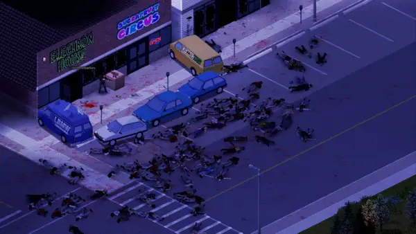 Scena z Project Zomboid: mnóstwo ciał na ulicy, samochody, budynki "Electron House" i "Sugafruit Circus". Wymagania gry są niskie, ale apokalipsa zombie wysoka.