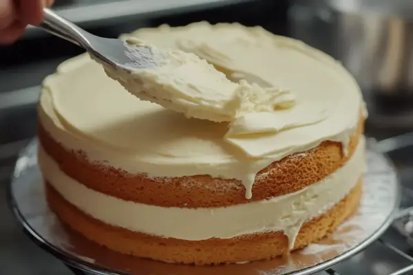 Nakładanie puszystego tynku do tortu z mascarpone na biszkoptowe warstwy. Krem spływa apetycznie po bokach.
