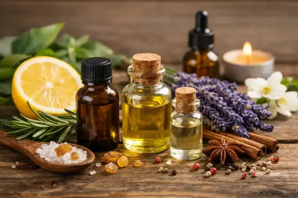 Aromatyczne olejki, w tym ten z nutą eugenolu, cytryna, lawenda i przyprawy na drewnianym tle.