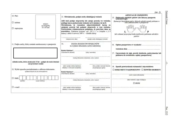 Formularz wniosku o paszport dla dziecka, z polami do wypełnienia danych osobowych, zgody rodziców i informacji o opłatach.
