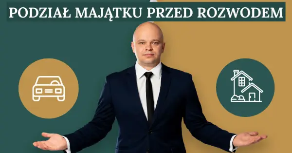 Mężczyzna w garniturze prezentuje podział majątku przed rozwodem: samochód i dom.