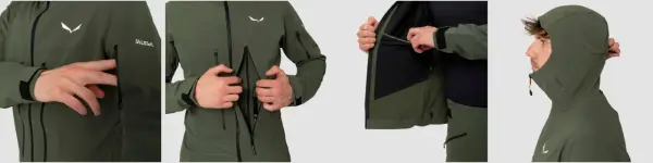 Mężczyzna w zielonej kurtce softshell, która chroni przed deszczem. Detale zamków i logo Salewa.