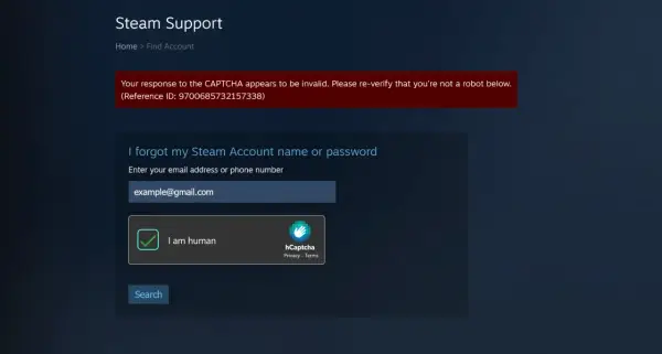 Strona Steam Support, gdzie można odzyskać konto. Wpisz email, zaznacz "Jestem człowiekiem", by dowiedzieć się, jak skontaktować się z steam support.