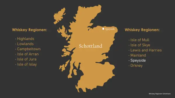 Karte Schottlands mit markierten Whiskey Regionen. Speyside ist hervorgehoben.