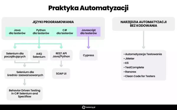 Schemat ścieżek rozwoju testera automatyzującego: języki programowania (Java, Python, C#, JS) i narzędzia bez kodowania (Automatyzacja Testowania, JMeter, K6, TestComplete, Ranorex).