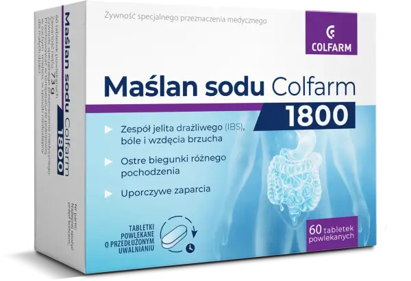 Maślan sodu Colfarm 1800 – wybór dla jelit. Pomaga przy IBS, biegunkach i zaparciach. Tabletki o przedłużonym uwalnianiu.