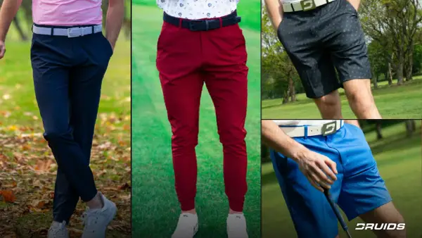 Mężczyzna w czerwonych spodenkach męskich na polu golfowym. Obok prezentowane są też granatowe spodnie i niebieskie szorty.