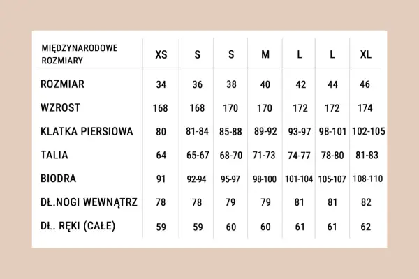 Tabela rozmiarów od XS do XL. Sprawdź, jaki to rozmiar, porównując swój wzrost, obwód klatki, talii, bioder i długość ręki.