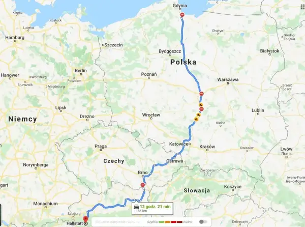 Trasa wycieczki objazdowej Włochy 10 dni: z Gdyni przez Polskę, Czechy, Słowację do Hallstatt w Austrii. 1186 km.