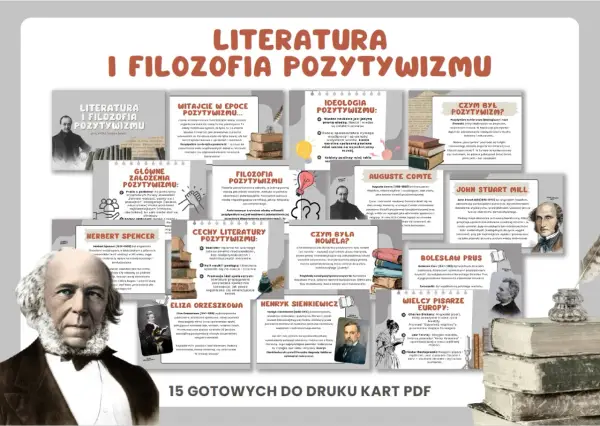 Ilustracja przedstawia karty pracy o pozytywizmie, ukazując jego główne założenia, cechy literatury i wielkich pisarzy. W tle widać portrety pisarzy, książki i pióra, symbolizujące epokę, w której dominował patriarchat.