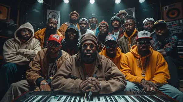 Un groupe d'hommes, représentant les différents styles de rap français, pose dans un studio d'enregistrement.