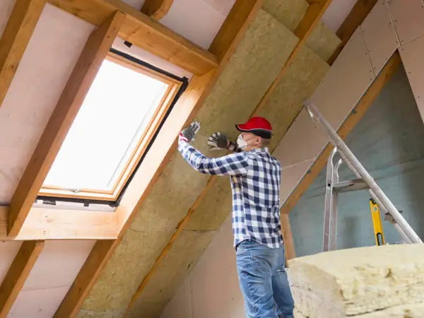 Mann isoliert ausgebauten Dachboden mit Dämmmaterial. Ein Dachfenster sorgt für Licht.
