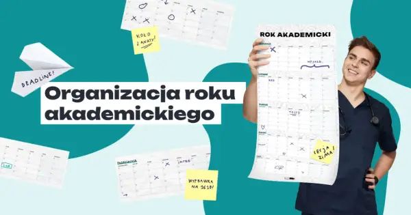 Młody student z kalendarzem planuje, jak długo trwa rok akademicki. Widać terminy, egzaminy i wyjazdy.