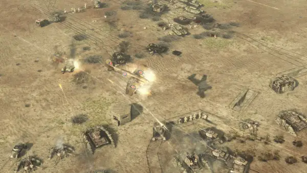 Samolot atakuje czołg na pustyni. W tle widać inne pojazdy i żołnierzy. To intensywny desert strike.