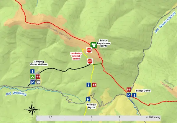 Mapa szlaków Bieszczadów. Najłatwiejszy szlak na Połoninę Wetlińską prowadzi przez Przełęcz Wyżną. Zaznaczono camping, schronisko i zamknięty odcinek szlaku.