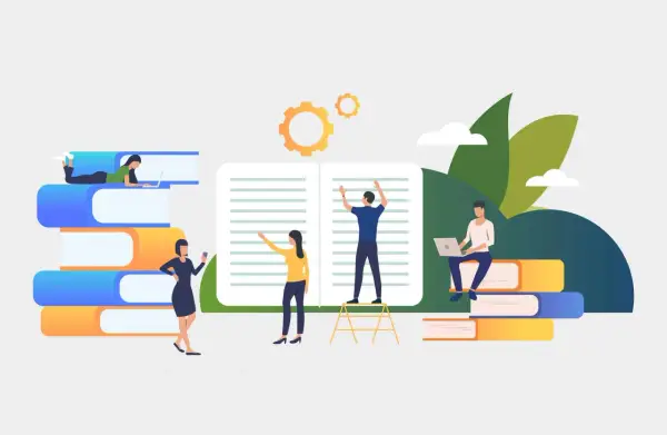 Menschen lernen und arbeiten mit Büchern und Laptops. Zahnräder und Blätter deuten auf stilistische Geräte im Lernprozess hin.