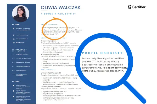 Profil osobisty: certyfikowany kierownik IT z wiedzą o tworzeniu i projektowaniu oprogramowania. Posiadam certyfikaty HTML, CSS, JavaScript, React, PHP.