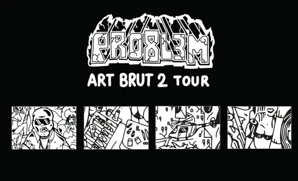 Problem Art Brut 2 Tour. Cztery czarno-białe grafiki w stylu art brut: mężczyzna w okularach i cygarem, grill, helikopter i twarz.