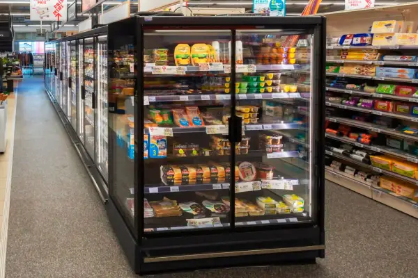 Chłodnia z produktami spożywczymi w supermarkecie, z widocznymi serami, wędlinami i deserami.